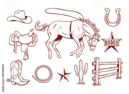 Rodeo cowboy vintage artwork for tshirt. Wild west artwork for apparel, sticker, poster and others. Horse riding vector design. Texas country life.