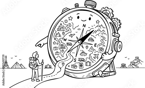 Line art vector of backpacker looking at giant cute compass character with world map