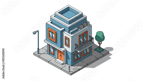 Blue Building with Orange Windows and Balcony.