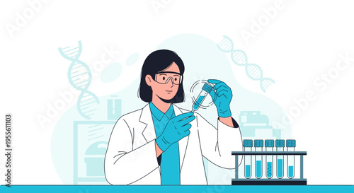 Scientist in Lab Coat Conducting Research with Test Tubes and DNA Strands