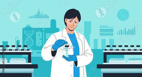 Scientist in Lab Coat Conducting Research with Test Tubes and DNA Graphics