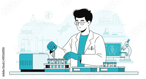 Scientist in Lab Coat Conducting Research with Test Tubes and Microscope