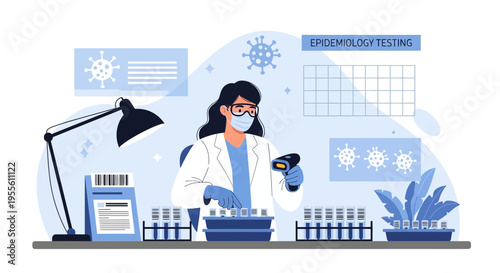 Scientist in Lab Coat Conducting Virology Testing with Samples and Scanner