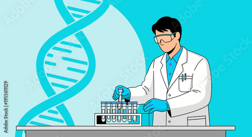 Scientist in Lab Coat Conducts DNA Research with Helix Background