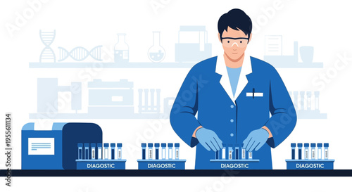 Scientist in Lab Coat Conducts Diagnostic Tests with Samples in Rack