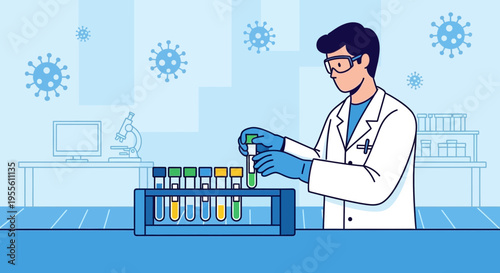 Scientist in Lab Coat Conducts Coronavirus Research with Test Tubes and Microscope