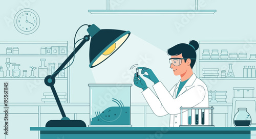 Scientist in Lab Coat Conducts Experiment Under Lamp, Test Tubes and Beakers