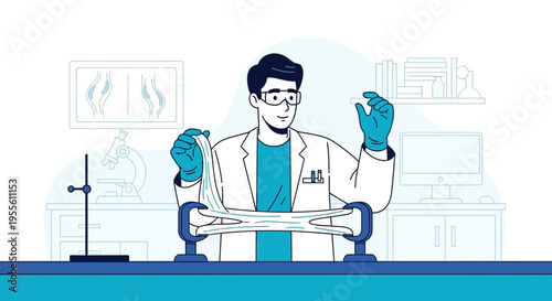 Scientist in Lab Coat Conducts Experiment with Fibrous Material