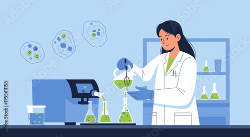 Scientist in Lab Coat Conducts Experiment with Beakers and Scientific Equipment