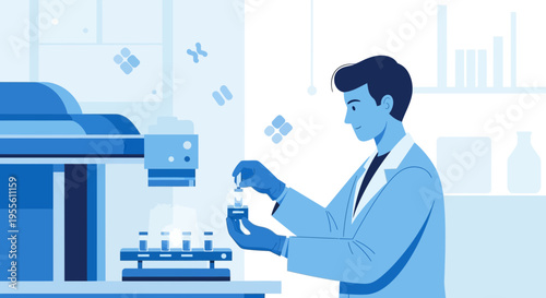 Scientist in lab coat conducts experiment with DNA sequencing machine and test tubes