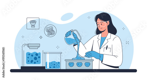 Scientist in Lab Coat Conducts Experiment with Blue Liquid in Beakers and Petri Dishes