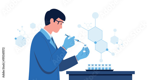 Scientist in lab coat conducts experiment with syringe and vials, molecular structure background