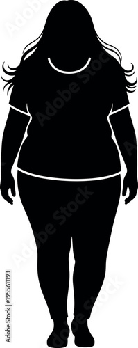 Black silhouette of a plus size woman with long hair wearing casual tshirt and leggings for body positivity and fashion.
