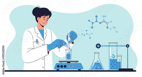 Scientist in lab coat conducts experiment with test tubes and molecular structures