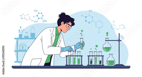Scientist in lab coat conducts experiment with test tubes and flasks, science research concept