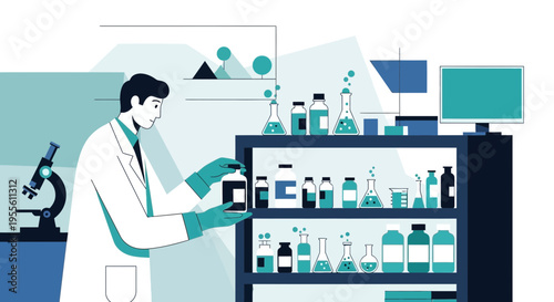 Scientist in lab coat examining bottles on shelf with microscope and computer