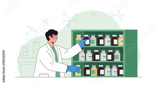 Scientist in Lab Coat Examining Bottles in Pharmaceutical Cabinet