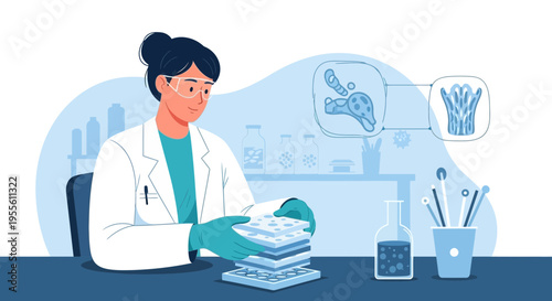 Scientist in lab coat examining cell cultures in petri dishes, scientific research