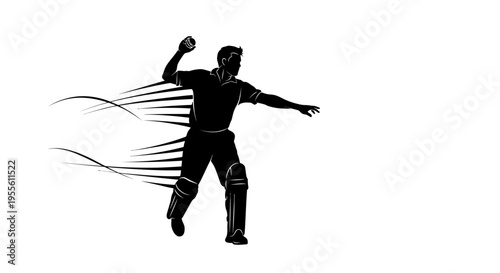 Cricket player silhouette throwing ball motion lines speed action