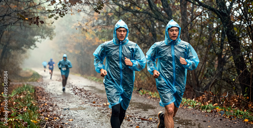 Wallpaper Mural Runners in rain jackets jogging on muddy trail in autumn forest   Torontodigital.ca
