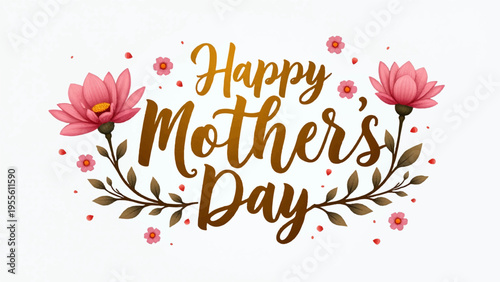 Happy mothers day greeting with pink flowers and leaves on white background for celebration