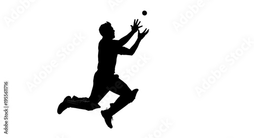 Man jumping to catch a ball in silhouette on white background