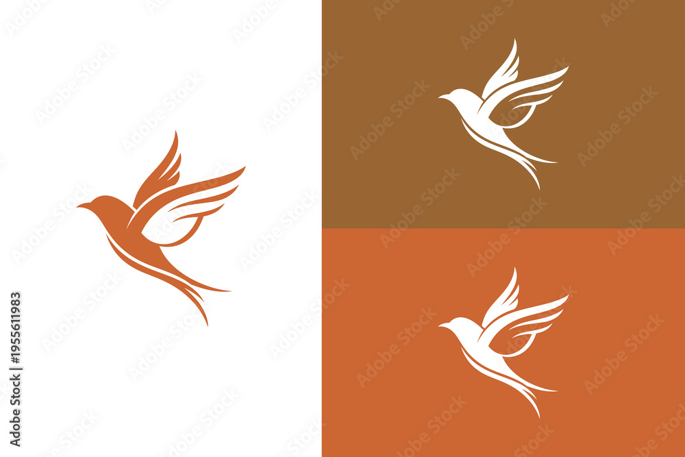 Fototapeta premium Stylized flying bird logo design presented in various color palettes and backgrounds.