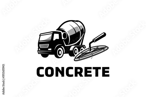 Black and white graphic logo featuring a concrete mixer truck and a finishing trowel, with the word 'CONCRETE' underneath, symbolizing construction and building materials.