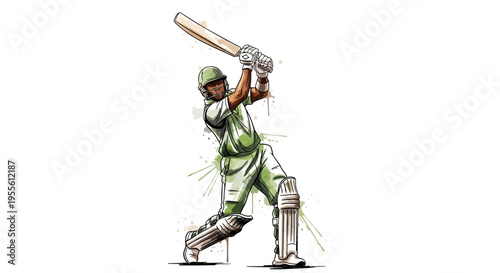 Cricket player in action swinging bat with protective gear
