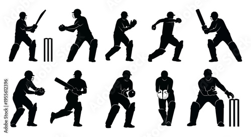 Cricket player silhouettes in various poses with bats and balls