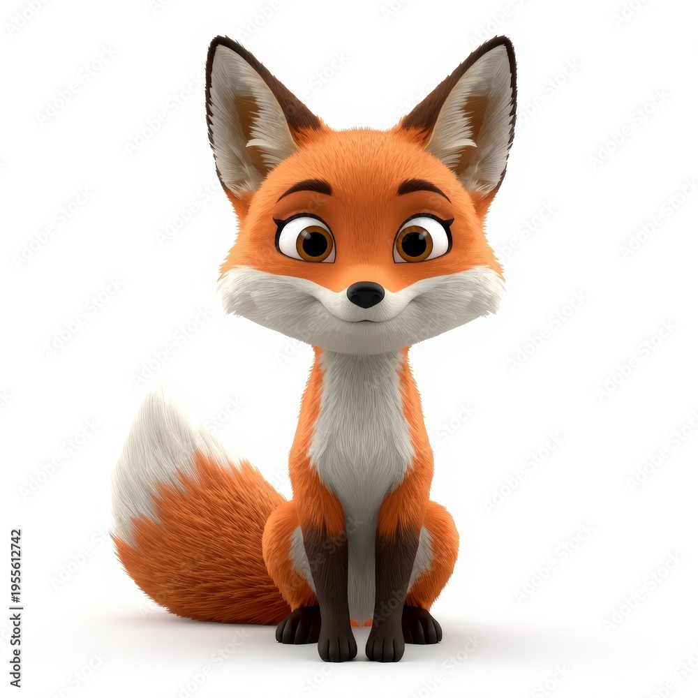 Fototapeta premium Cute cartoon fox with orange fur and white markings sitting on white background
