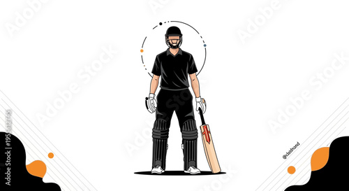 Cricket player in black uniform with bat and helmet