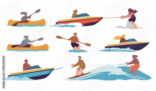 Summer water sports icons people canoe boat wakeboard vector illustration set