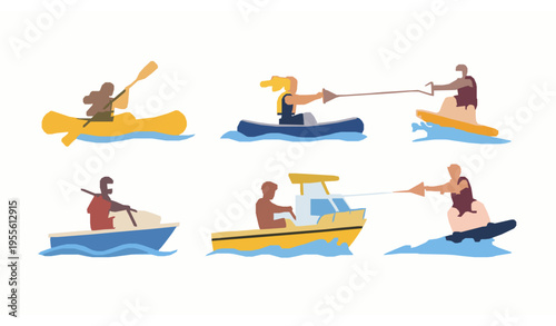 People enjoying summer water sports vector canoe boat wakeboard activity set
