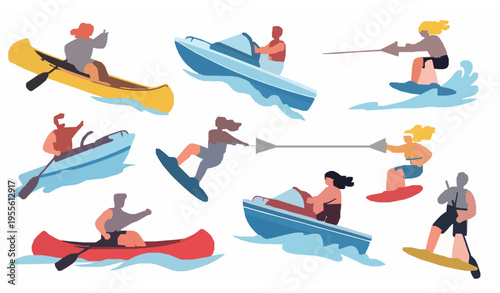 People doing water sports vector summer activity canoe boat wakeboard design
