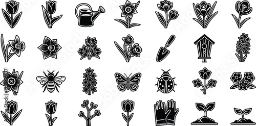 Black and white garden including flowers insects tools and gardening accessories