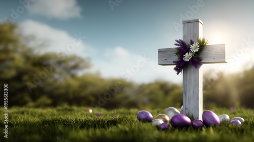White wooden cross standing in grass surrounded by colorful Easter eggs