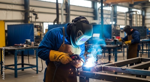 Welder in blue protective gear performing arc welding in industrial workshop