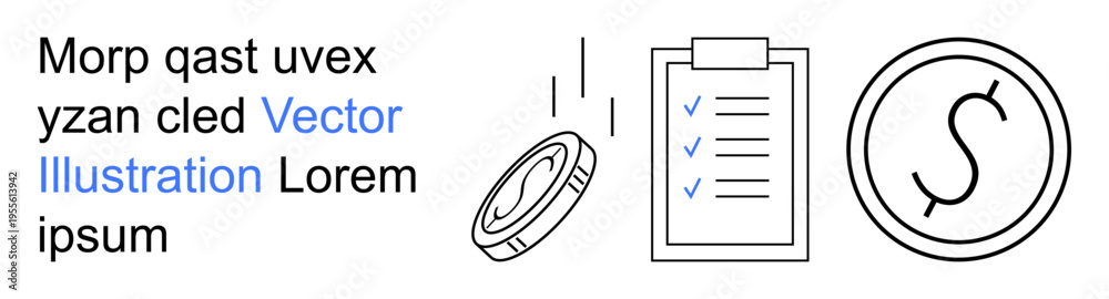 Fototapeta premium Budget planning, financial management, savings goals, business organization, accounting, income tracking. Coin with movement lines, checklist with ticks and currency symbol. Budget planning
