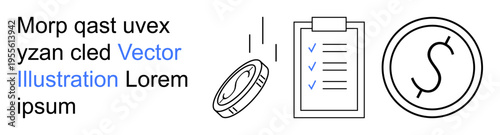 Budget planning, financial management, savings goals, business organization, accounting, income tracking. Coin with movement lines, checklist with ticks and currency symbol. Budget planning