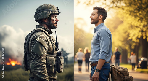 A veteran in transition from military service to civilian life while holding a briefcase and wearing a professional suit next to a camouflage army uniform and combat boots at home.