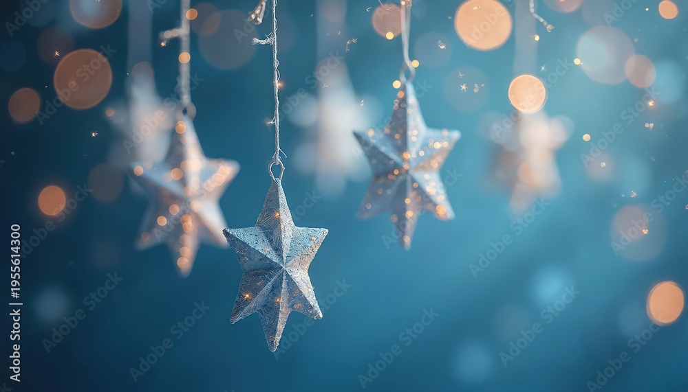 Obraz premium Blue background with hanging festive star ornaments. Sparkling light bokeh creates magical atmosphere. Perfect for winter holiday decoration, New Years celebration, or celestial theme.