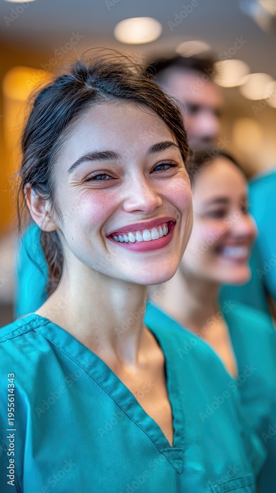 Fototapeta premium A group of medical staff members are wearing scrubs and smiling. They appear happy and engaged while interacting in a hospital setting. The atmosphere feels lively and energetic