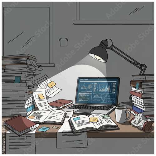 Cluttered Desk with Laptop and Papers.