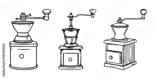 Antique manual coffee grinder set with black line art on white background featuring antique, manual, coffee grinder with black line art and white background