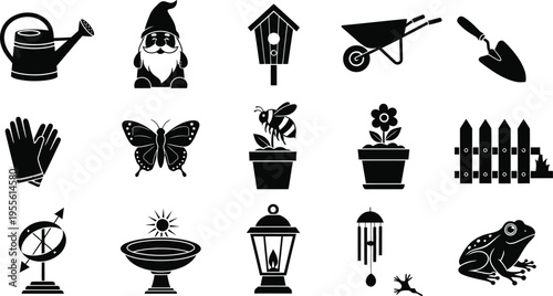 Black and white garden including gnome butterfly frog and gardening tools