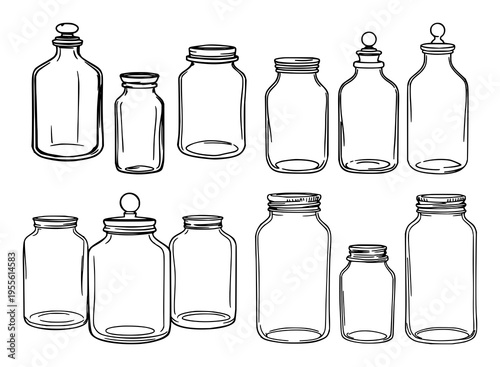 Classic apothecary jars, black line art, white background set with simple line art design featuring outline, illustration, graphic elements with clean design and vector art