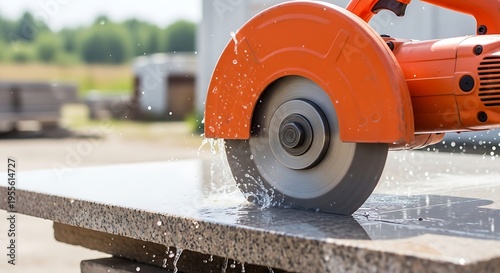 Orange angle grinder cutting gray concrete slab outdoors with water spray