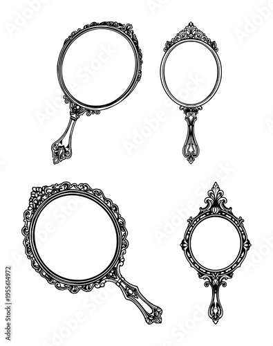 Mirror set with ornate hand-held mirror featuring detailed gilt frame, reflective surface, elegant design with black line art and white background