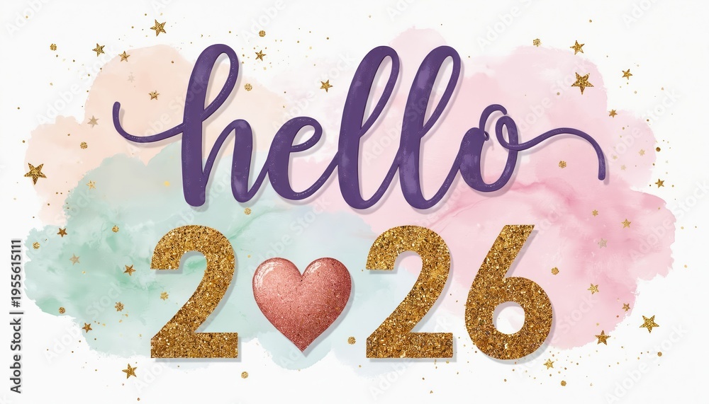 Fototapeta premium Celebratory hello to the year 2026 with glittering gold numbers and a pink heart graphic. Festive watercolor background with scattered stars offers a joyful and optimistic mood for new beginnings.
